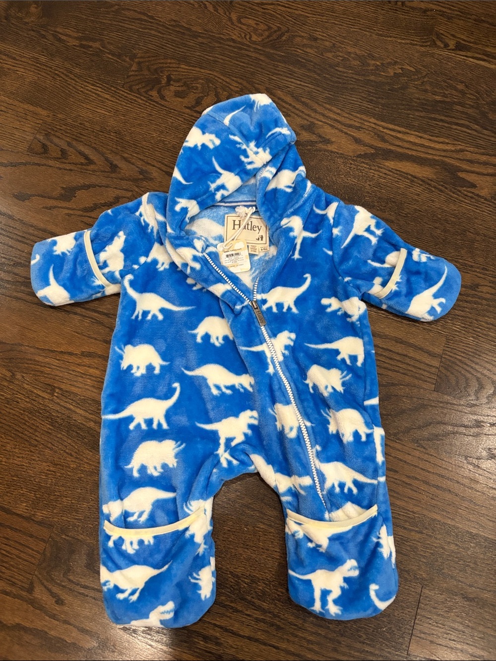 Hatley Blue and White Dinosaur Hooded Fleece One-Piece